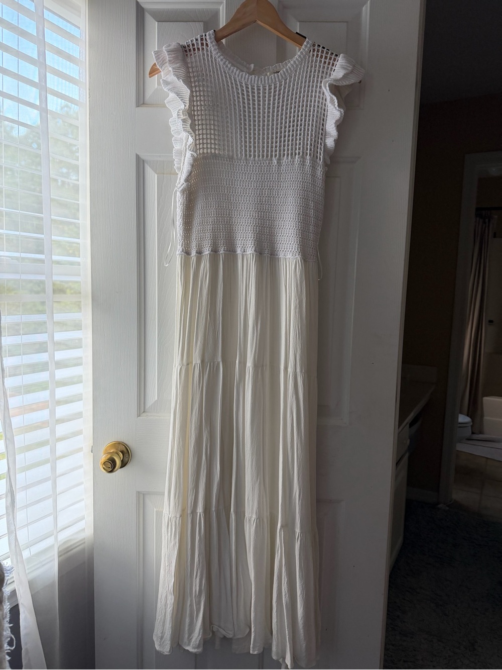 White Crochet Bodice Maxi Dress with Ruffle Sleeves